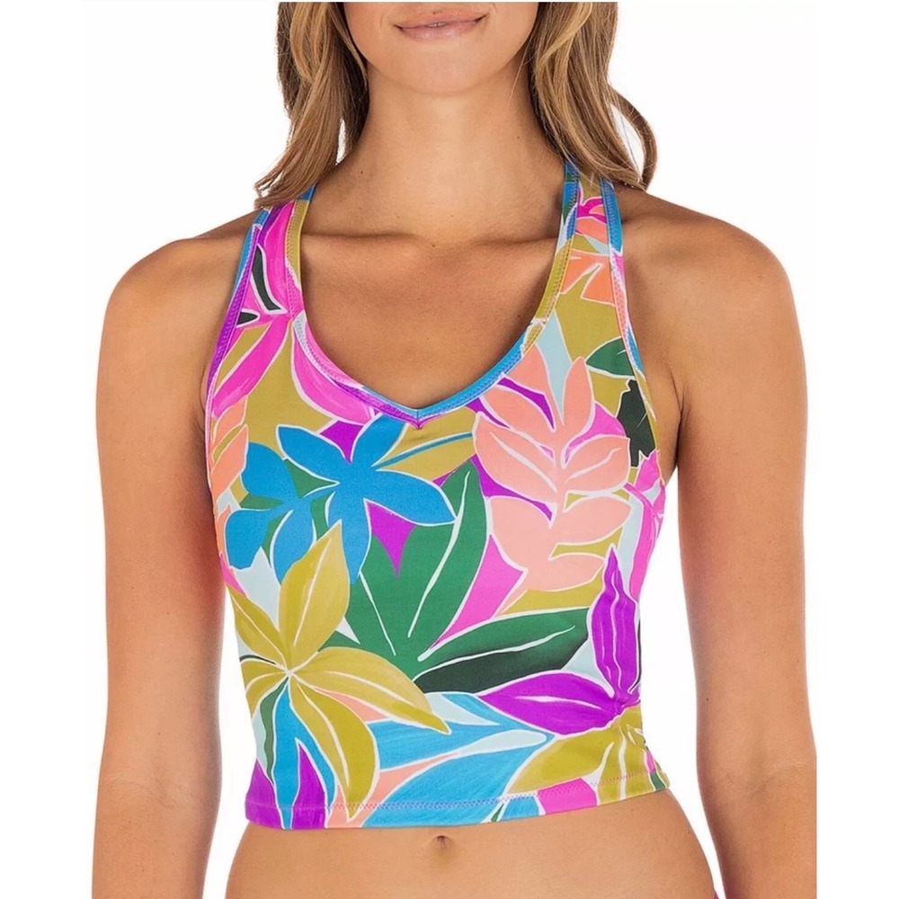 Hurley Womens Tropical Floral Racerback Tankini Swim Top Multicolor Large